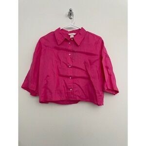 H&M Button Shirt Top Women S Hot Pink Cropped Linen Classic Minimalist Casual